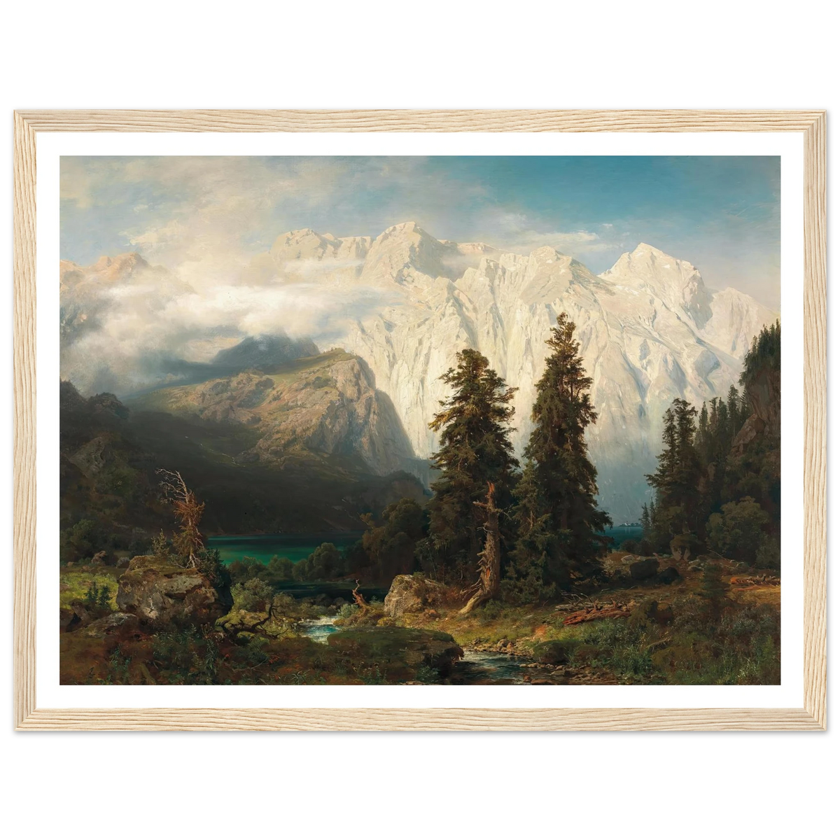 A View of the Watzmann Mountain and Lake Königssee (1856) Art Print | August Wilhelm Leu - Framed Poster - 30x40 cm / 12x16″ - Black frame
