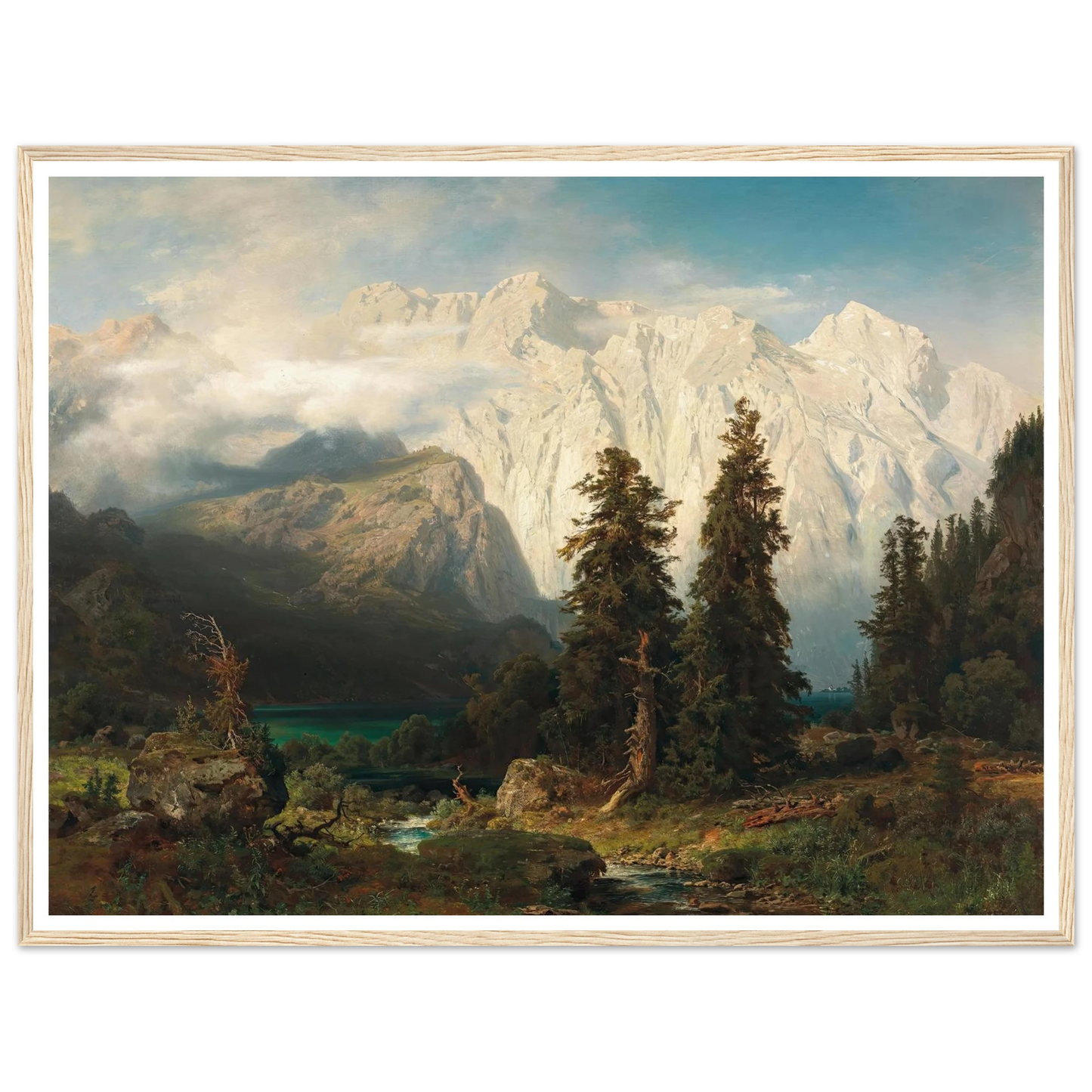 A View of the Watzmann Mountain and Lake Königssee (1856) Art Print | August Wilhelm Leu - Framed Poster - 30x40 cm / 12x16″ - Black frame