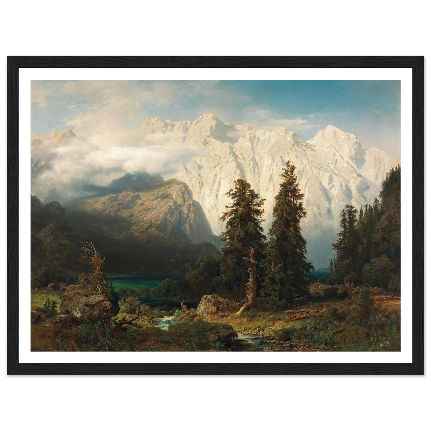A View of the Watzmann Mountain and Lake Königssee (1856) Art Print | August Wilhelm Leu - Framed Poster - 30x40 cm / 12x16″ - Black frame