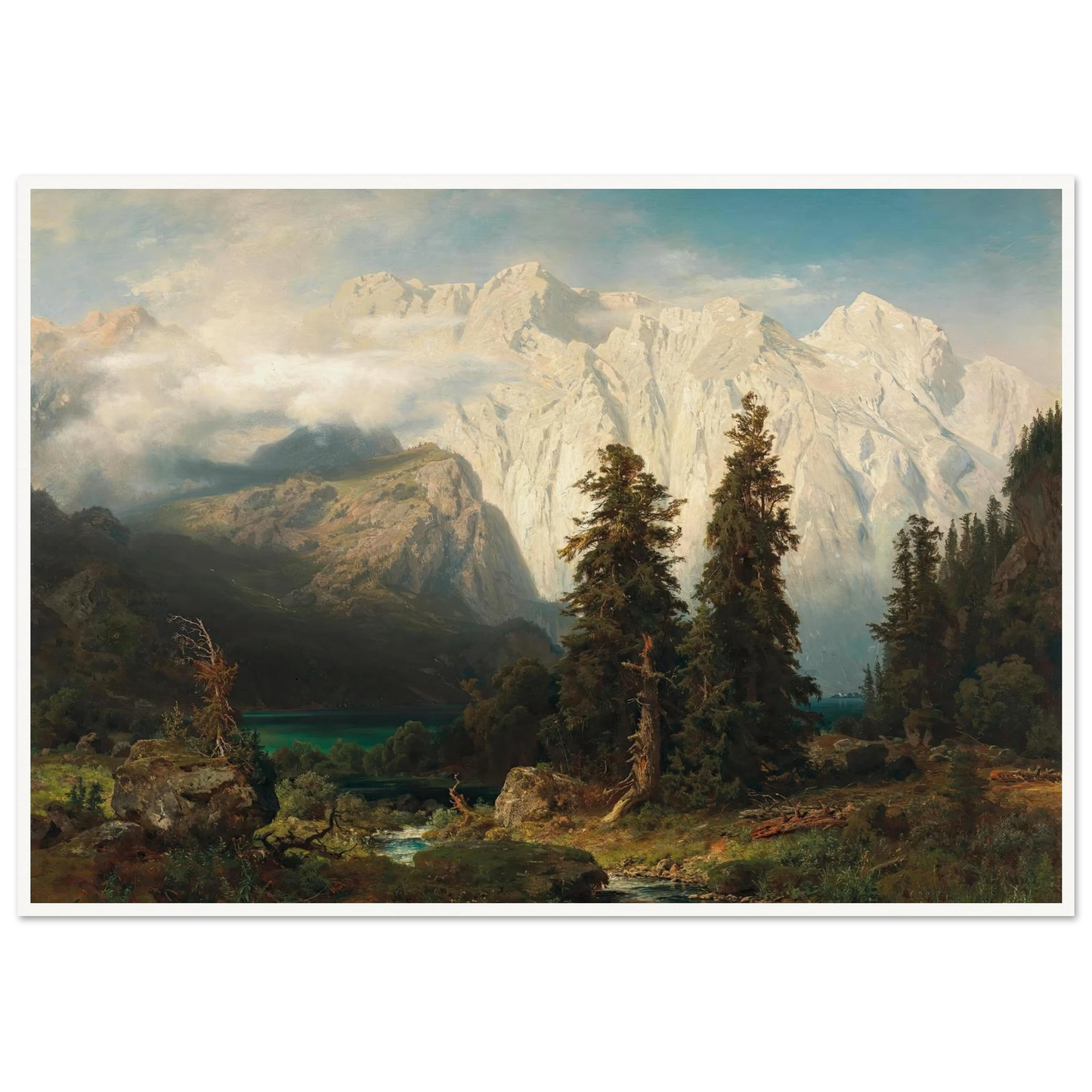 A View of the Watzmann Mountain and Lake Königssee (1856) Art Print | August Wilhelm Leu - Framed Poster - 30x40 cm / 12x16″ - Black frame