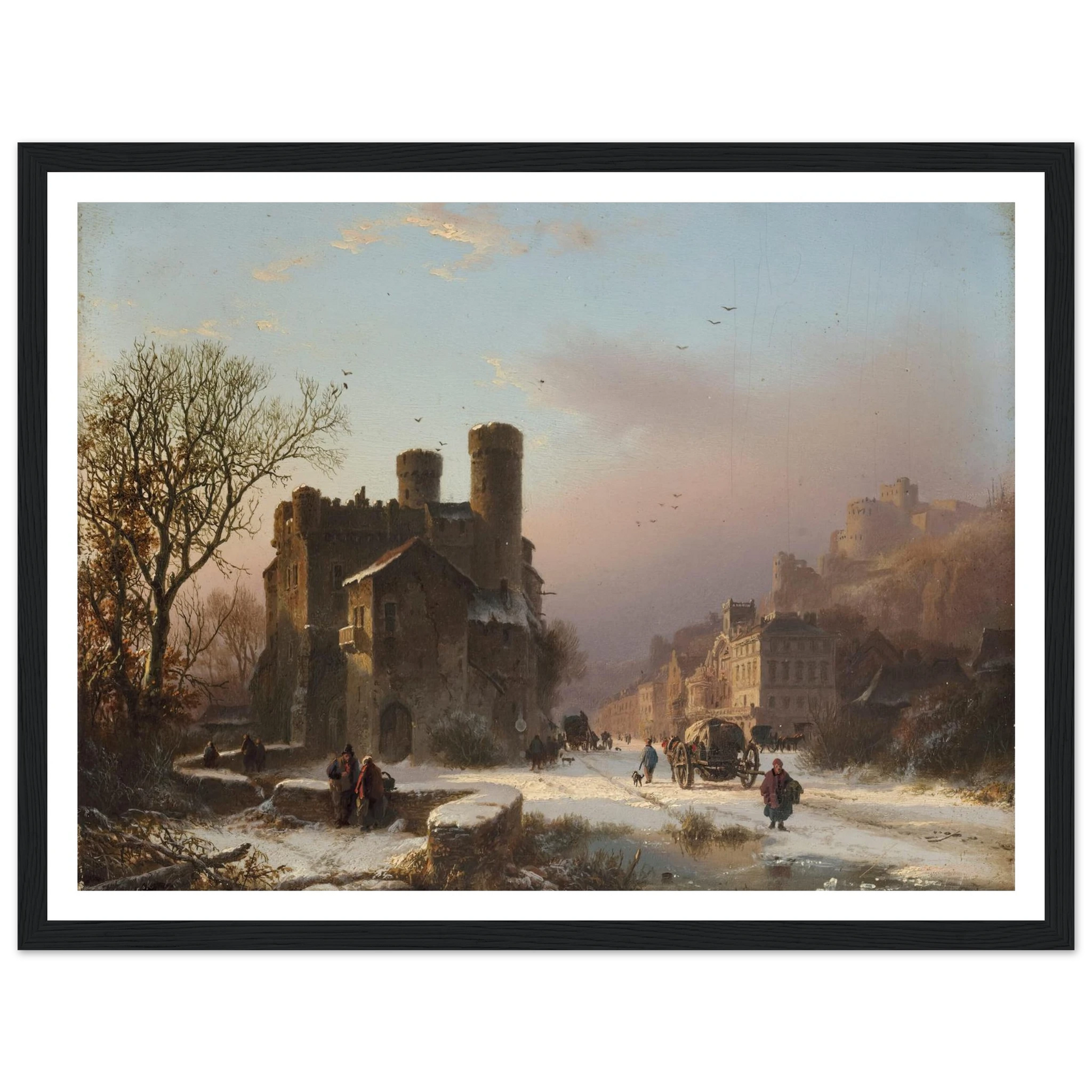 A winter landscape with figures near a village Art Print | Barend Cornelis Koekkoek - Framed Poster - 30x40 cm / 12x16″ - Black frame
