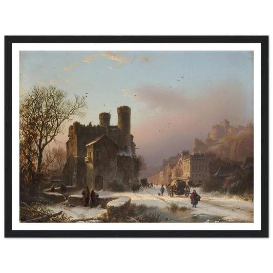 A winter landscape with figures near a village Art Print | Barend Cornelis Koekkoek - Framed Poster - 30x40 cm / 12x16″ - Black frame