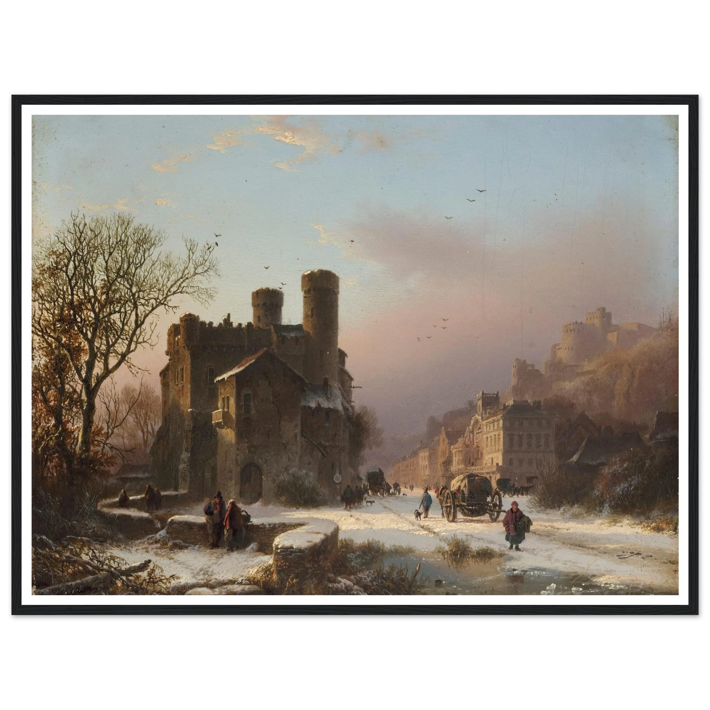 A winter landscape with figures near a village Art Print | Barend Cornelis Koekkoek - Framed Poster - 30x40 cm / 12x16″ - Black frame