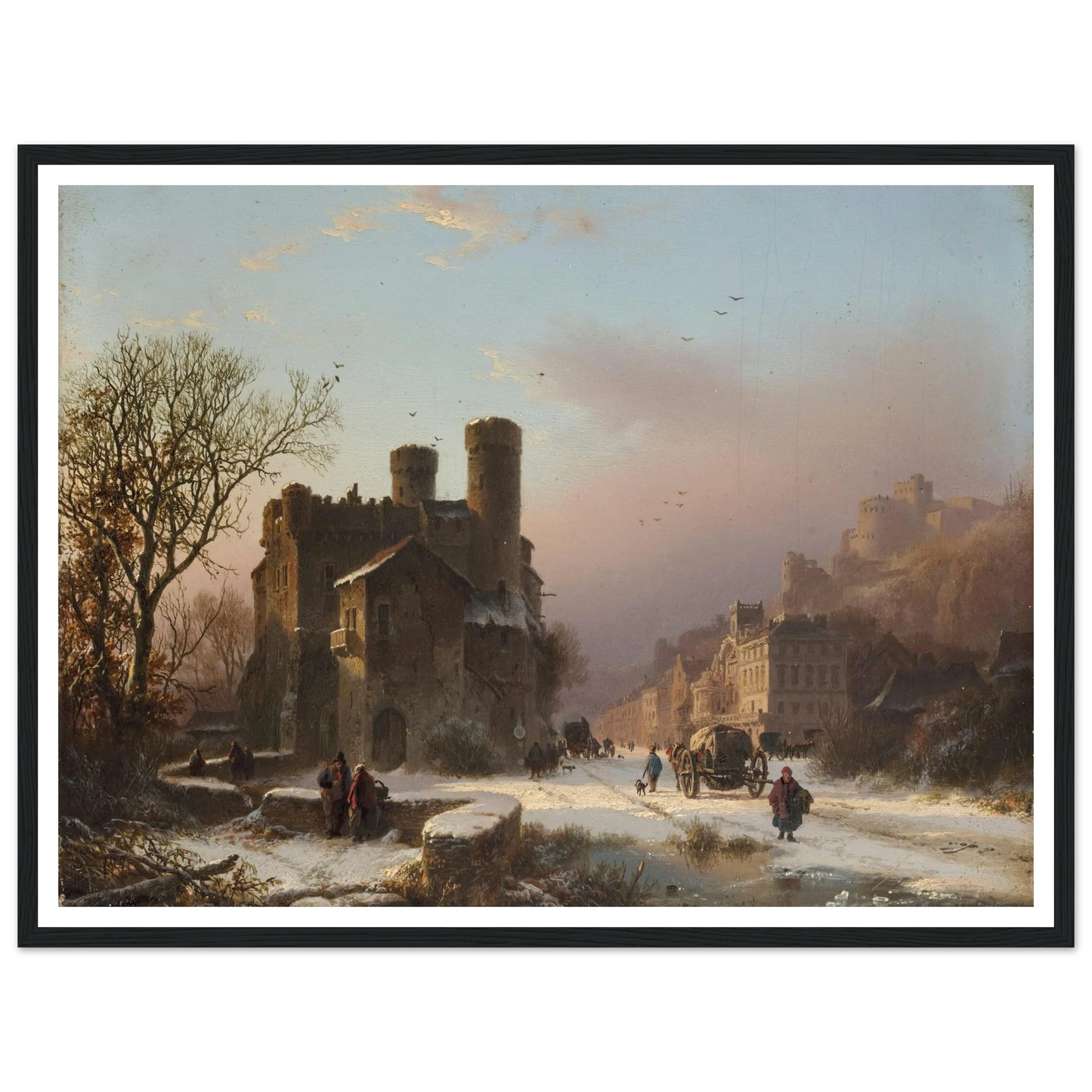 A winter landscape with figures near a village Art Print | Barend Cornelis Koekkoek - Framed Poster - 30x40 cm / 12x16″ - Black frame