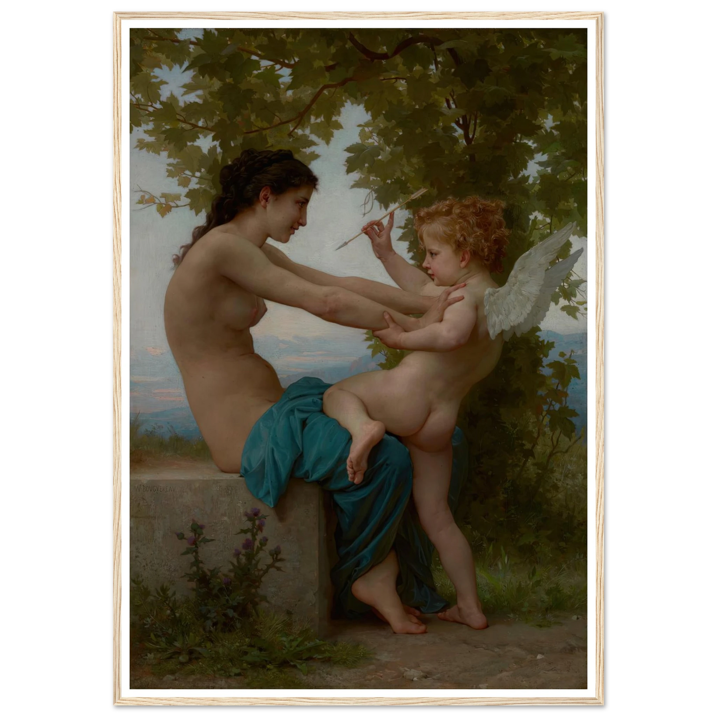 A Young Girl Defending Herself against Eros (about 1880) Art Print | William Bouguereau - Framed Poster - 30x40 cm / 12x16″ - Black frame
