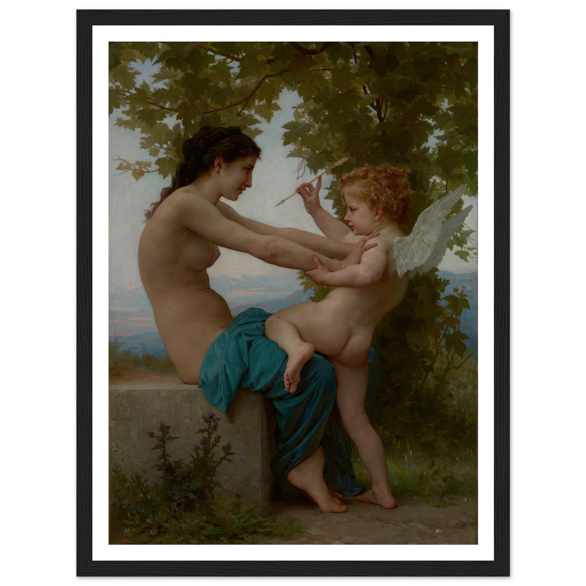 A Young Girl Defending Herself against Eros (about 1880) Art Print | William Bouguereau - Framed Poster - 30x40 cm / 12x16″ - Black frame