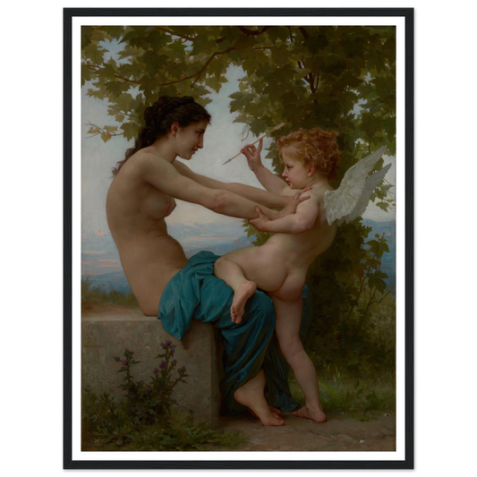 A Young Girl Defending Herself against Eros (about 1880) Art Print | William Bouguereau - Framed Poster - 30x40 cm / 12x16″ - Black frame