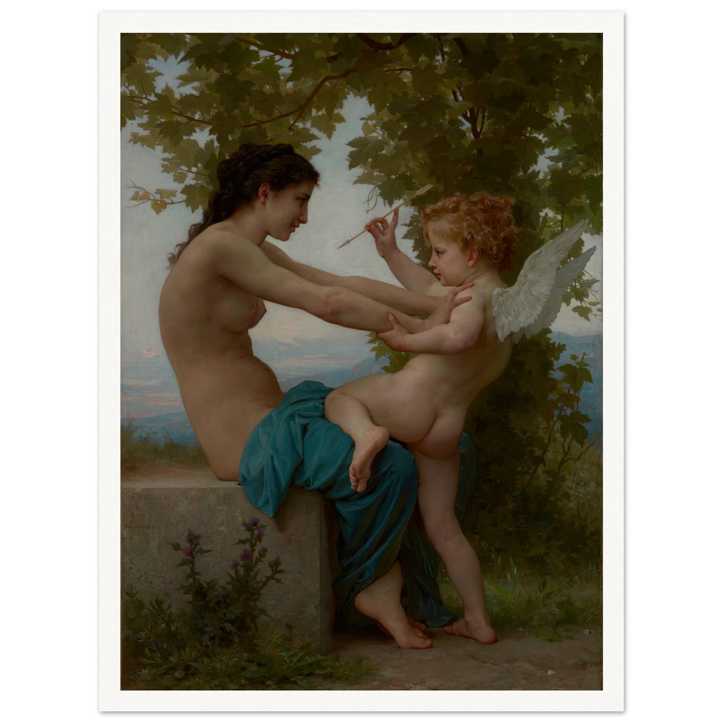 A Young Girl Defending Herself against Eros (about 1880) Art Print | William Bouguereau - Framed Poster - 30x40 cm / 12x16″ - Black frame