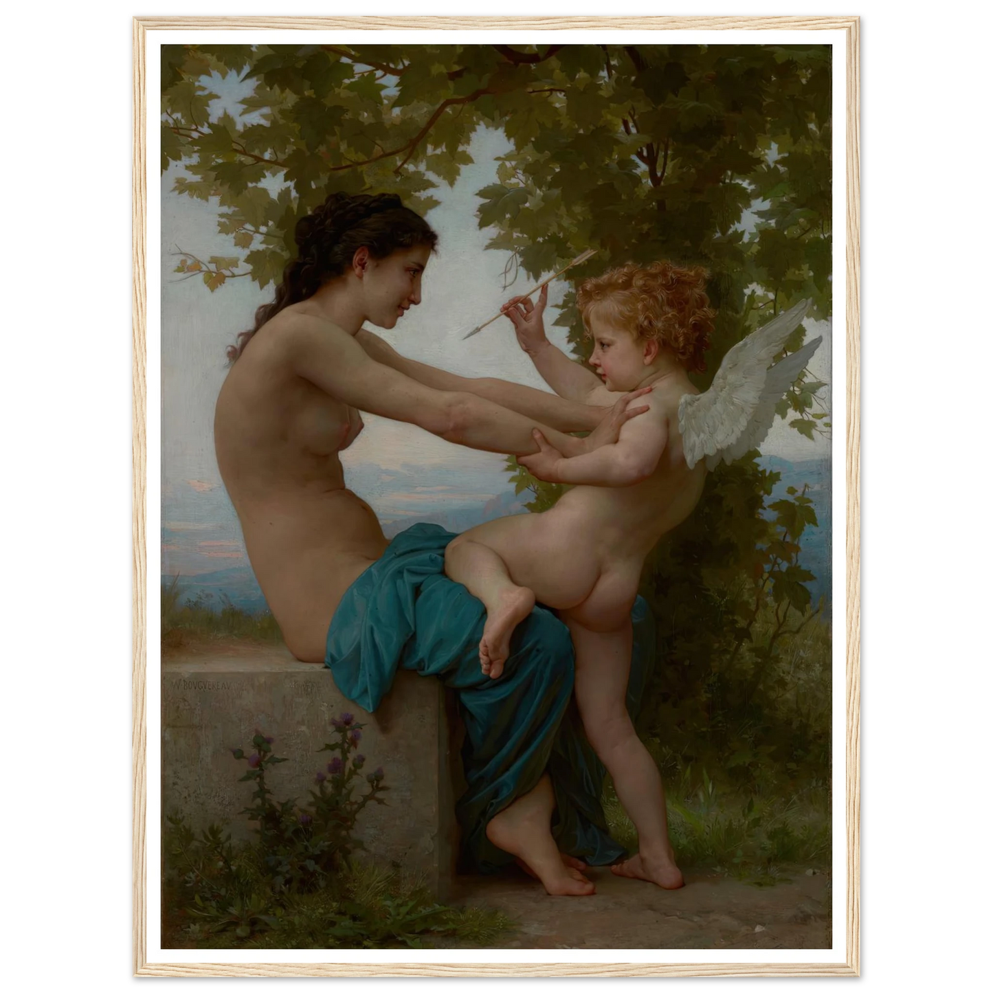 A Young Girl Defending Herself against Eros (about 1880) Art Print | William Bouguereau - Framed Poster - 30x40 cm / 12x16″ - Black frame
