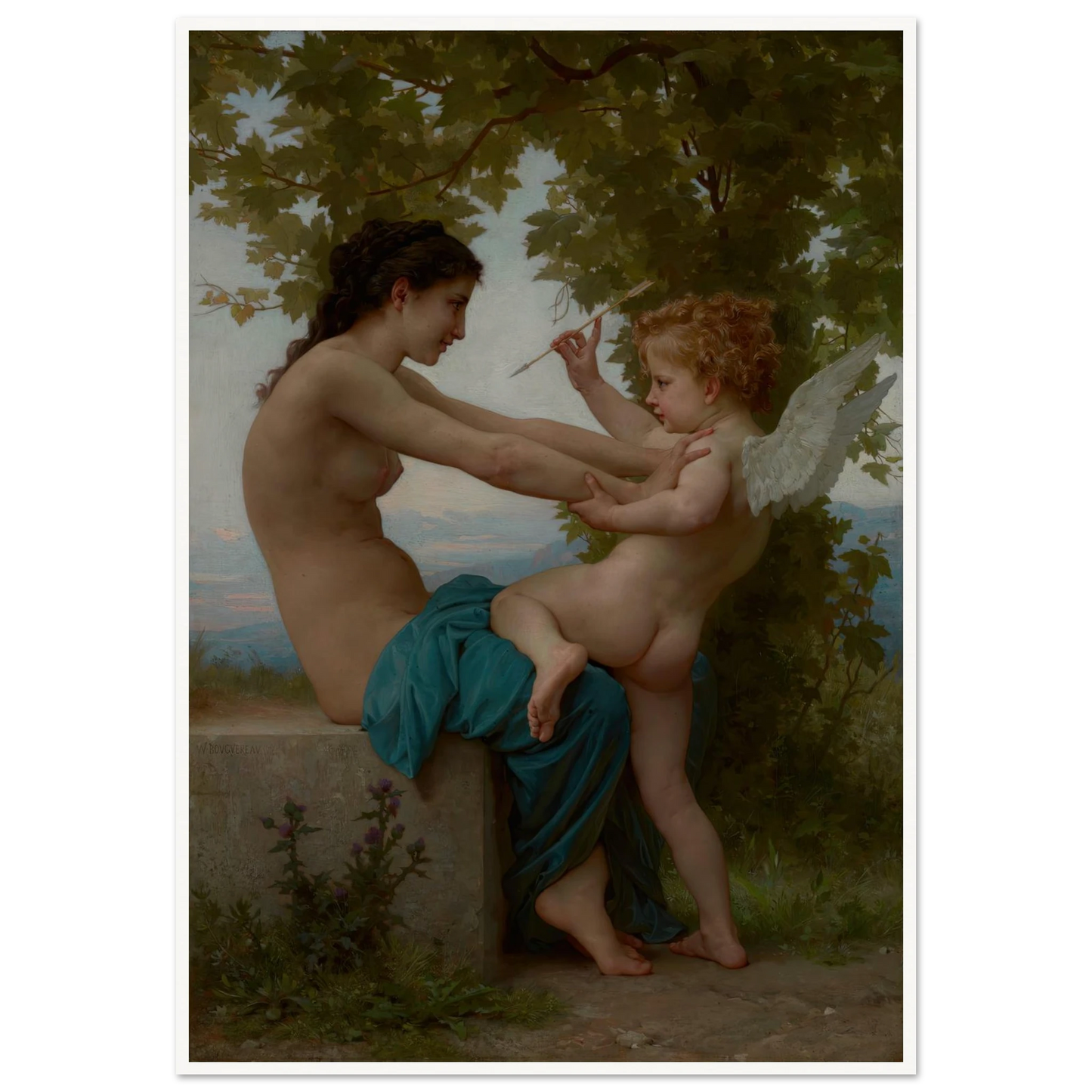 A Young Girl Defending Herself against Eros (about 1880) Art Print | William Bouguereau - Framed Poster - 30x40 cm / 12x16″ - Black frame