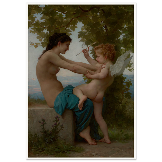 A Young Girl Defending Herself against Eros (about 1880) Art Print | William Bouguereau - Framed Poster - 30x40 cm / 12x16″ - Black frame
