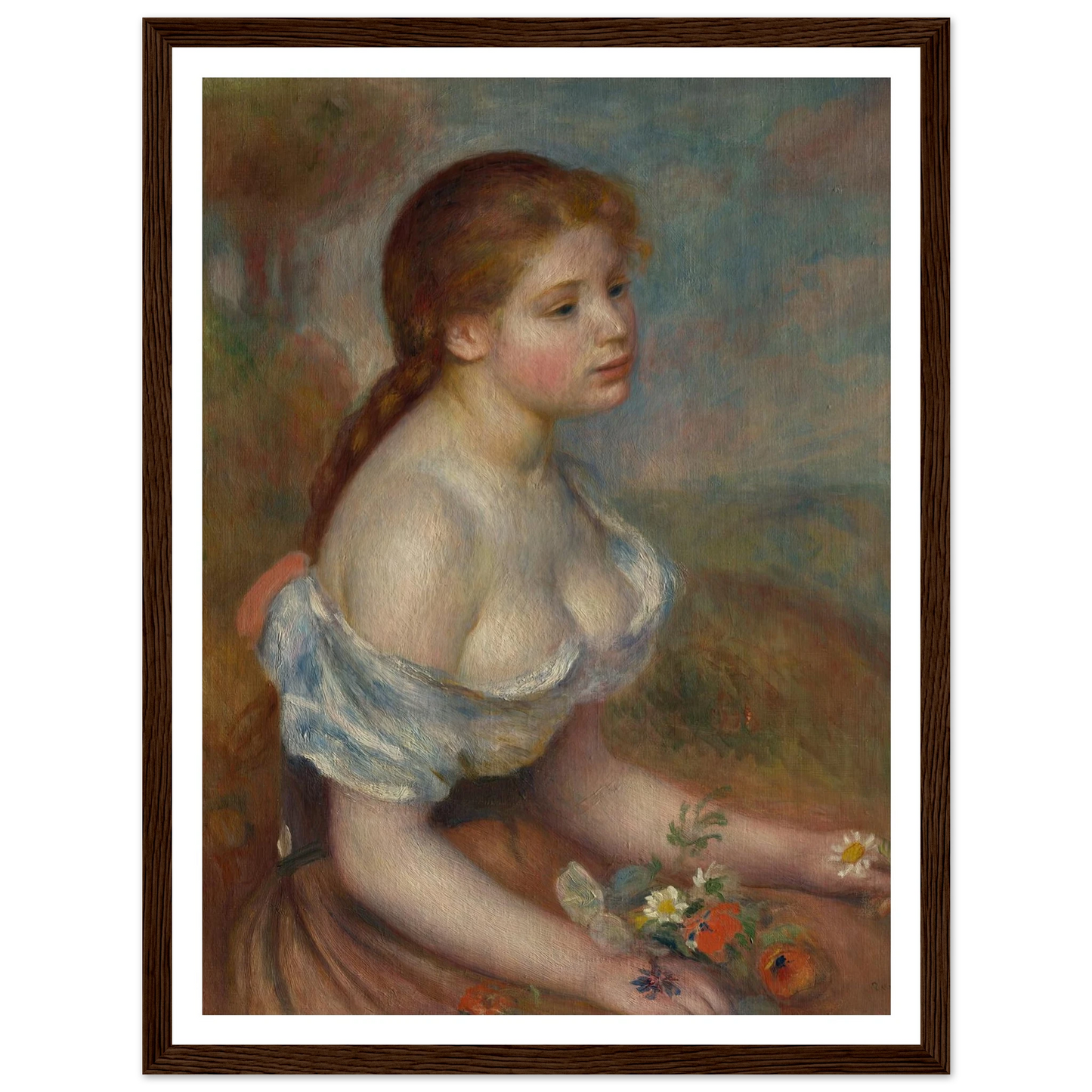 A Young Girl with Daisies (1889) Art Print | Pierre Auguste Renoir - Framed Poster - 30x40 cm / 12x16″ - Black frame