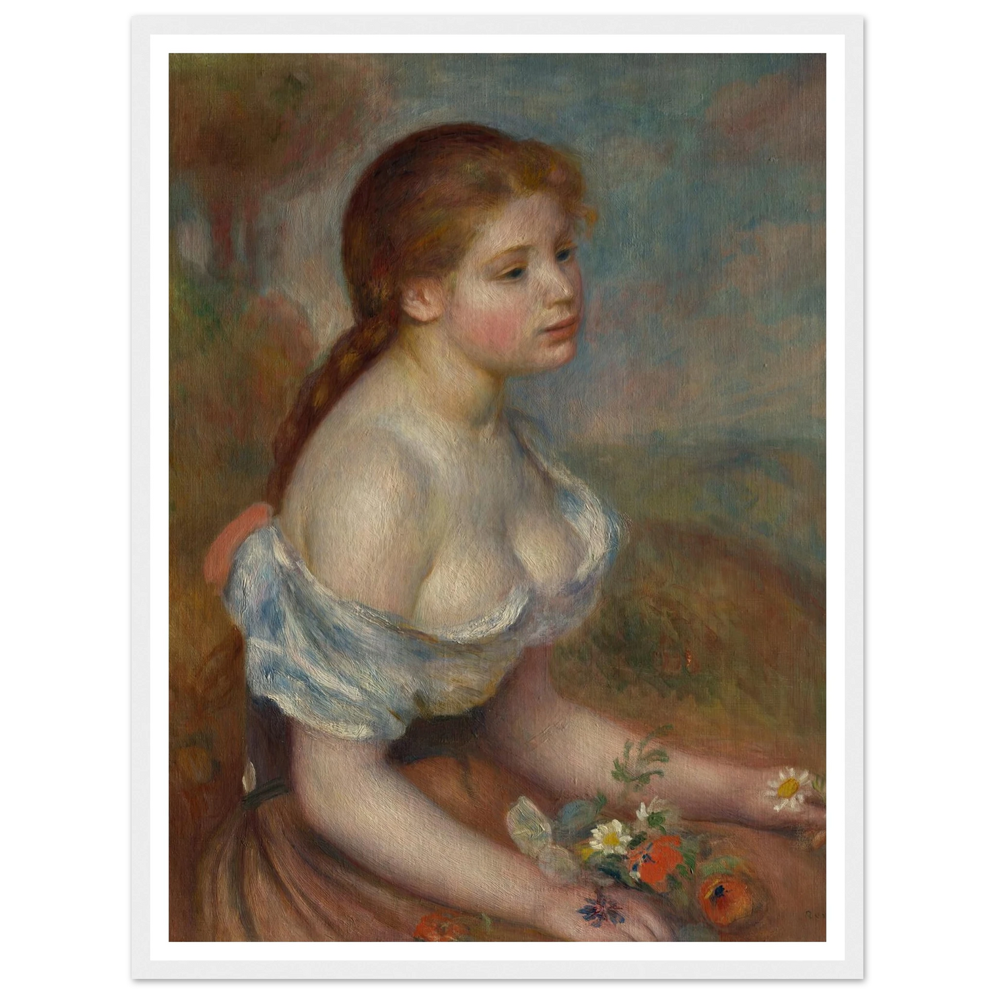A Young Girl with Daisies (1889) Art Print | Pierre Auguste Renoir - Framed Poster - 30x40 cm / 12x16″ - Black frame
