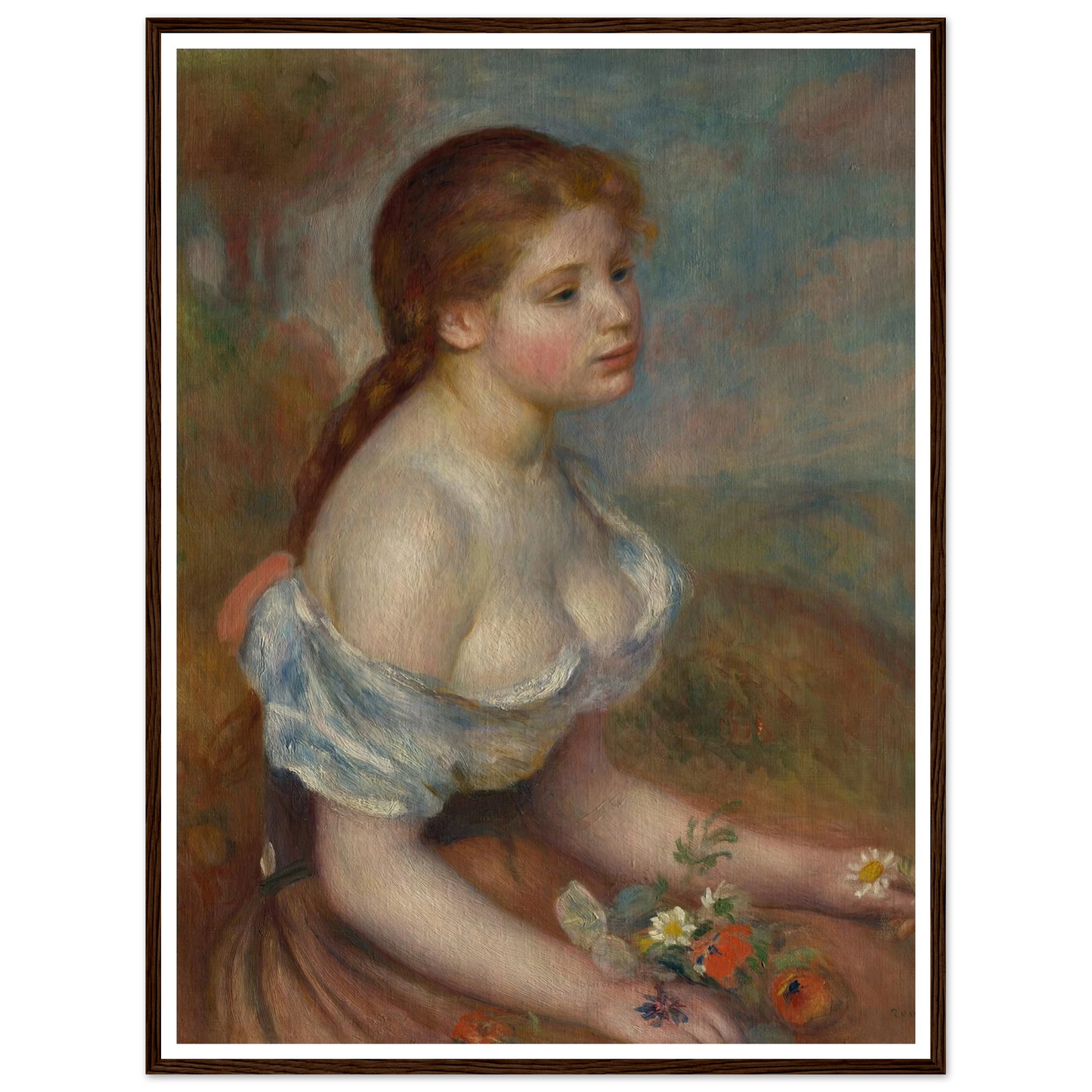 A Young Girl with Daisies (1889) Art Print | Pierre Auguste Renoir - Framed Poster - 30x40 cm / 12x16″ - Black frame