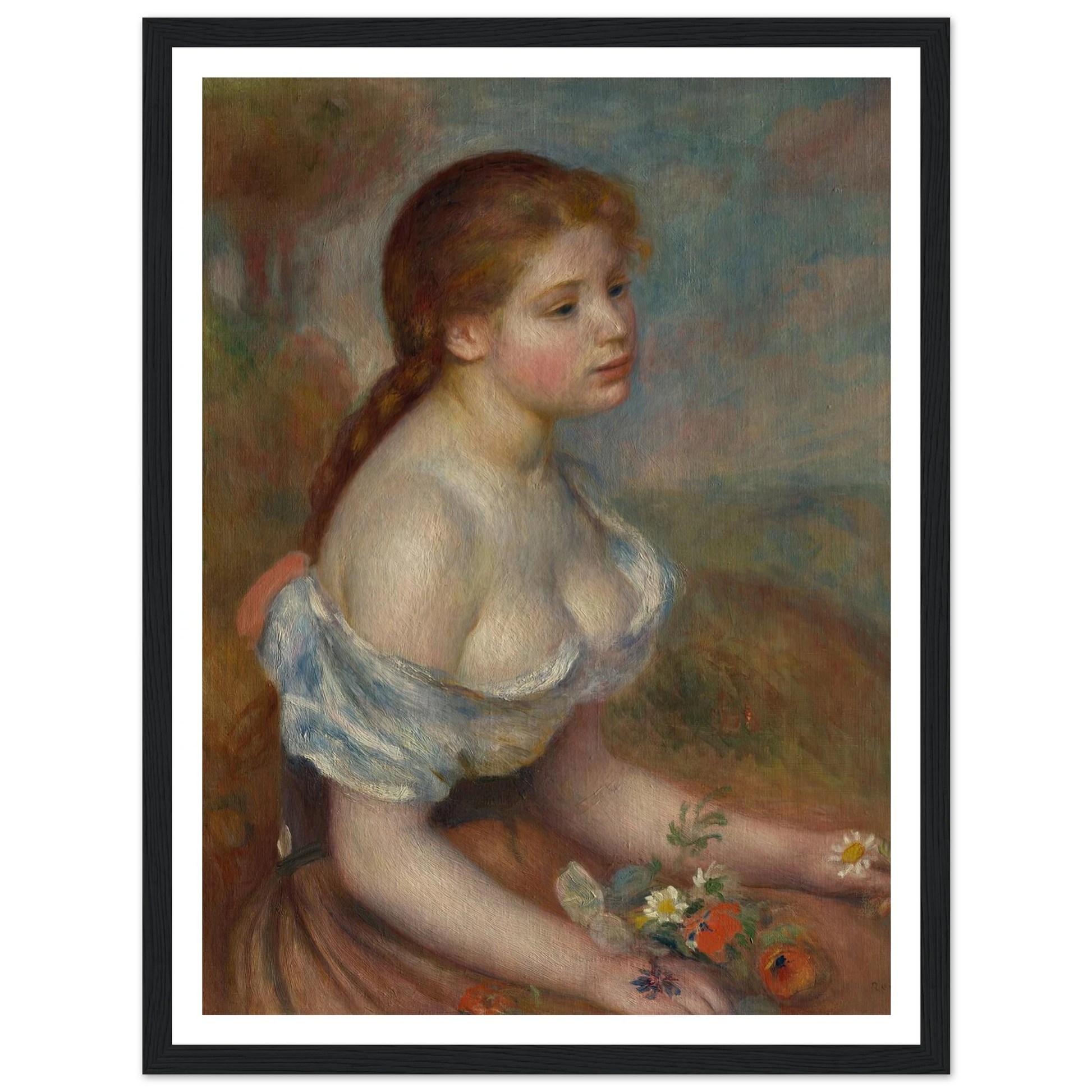 A Young Girl with Daisies (1889) Art Print | Pierre Auguste Renoir - Framed Poster - 30x40 cm / 12x16″ - Black frame
