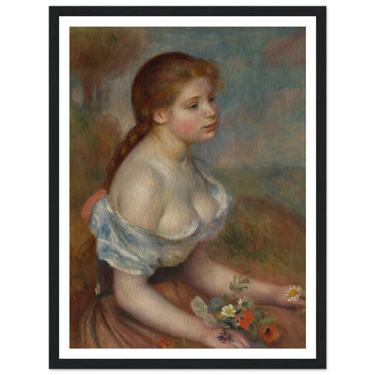 A Young Girl with Daisies (1889) Art Print | Pierre Auguste Renoir - Framed Poster - 30x40 cm / 12x16″ - Black frame