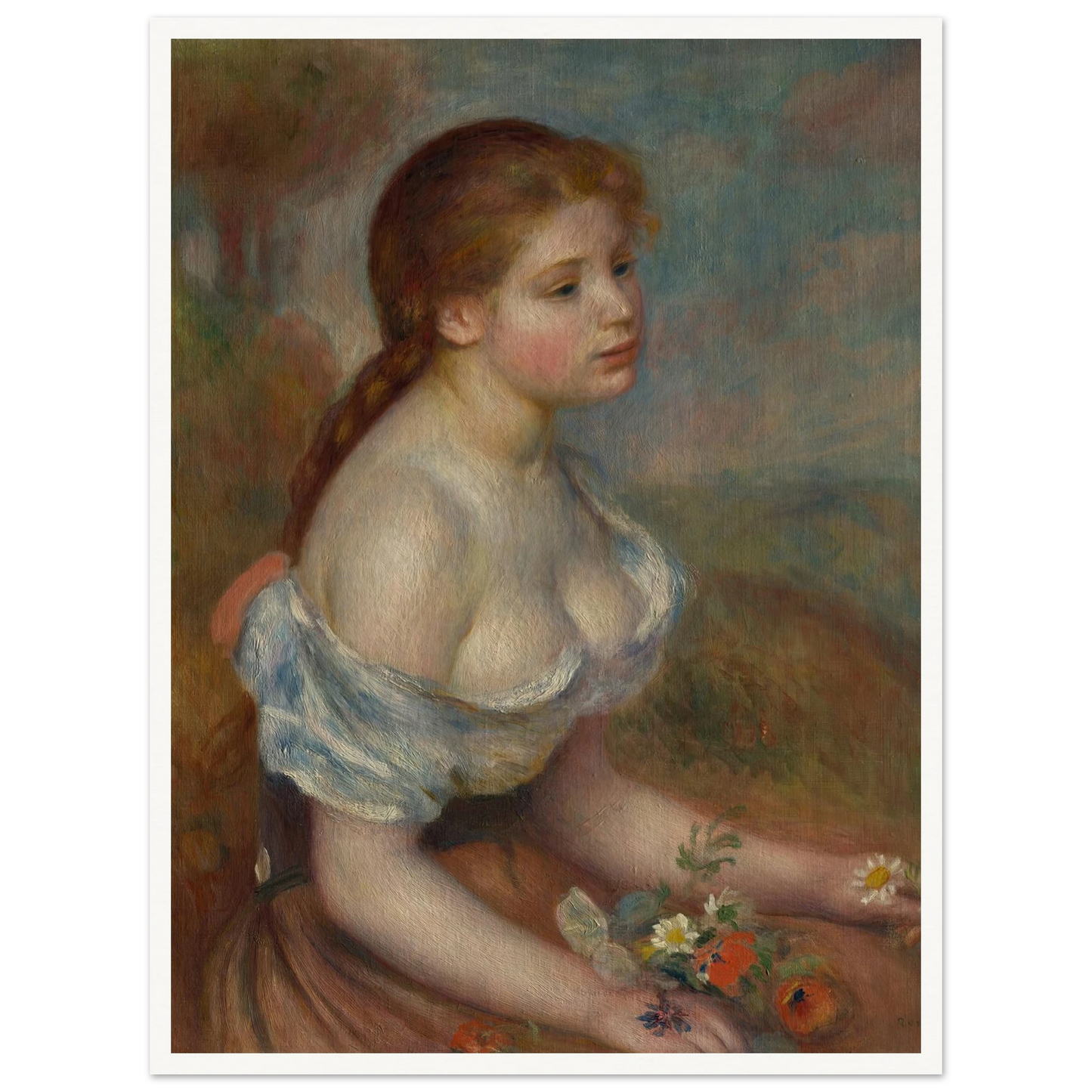 A Young Girl with Daisies (1889) Art Print | Pierre Auguste Renoir - Framed Poster - 30x40 cm / 12x16″ - Black frame
