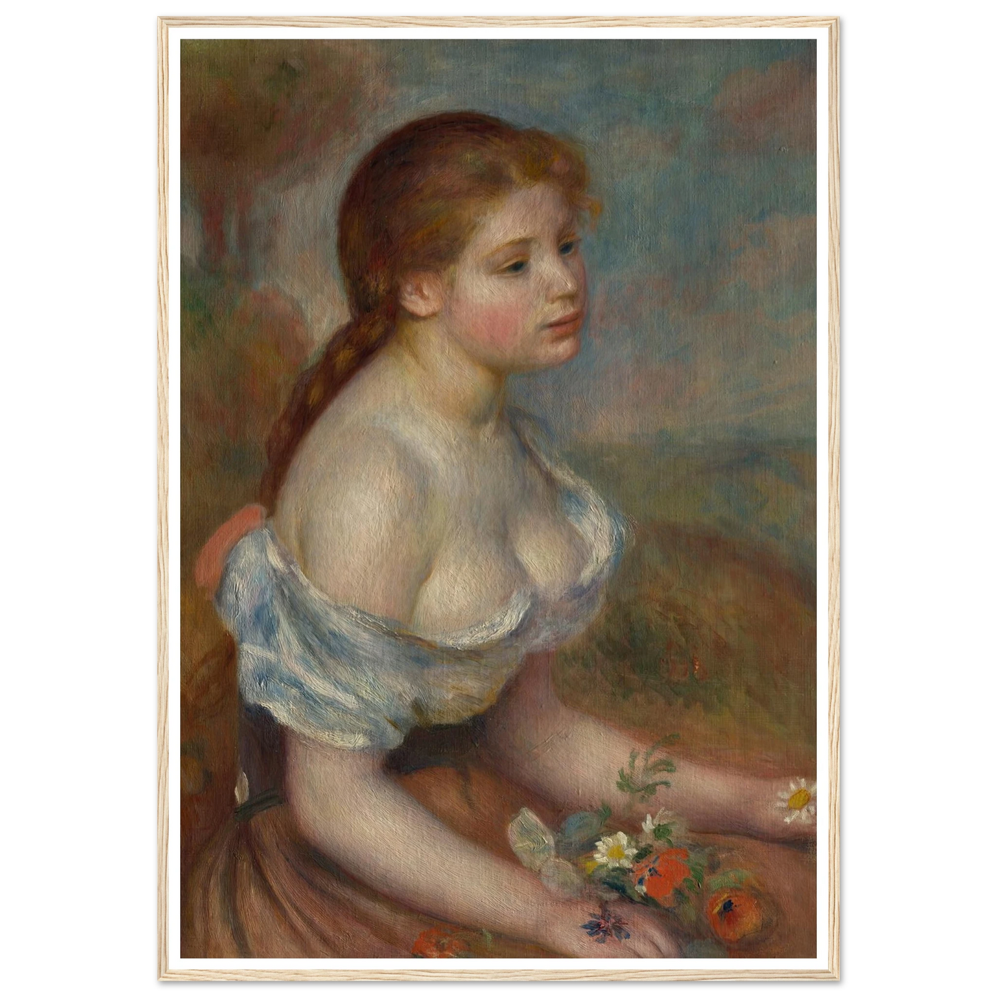A Young Girl with Daisies (1889) Art Print | Pierre Auguste Renoir - Framed Poster - 30x40 cm / 12x16″ - Black frame