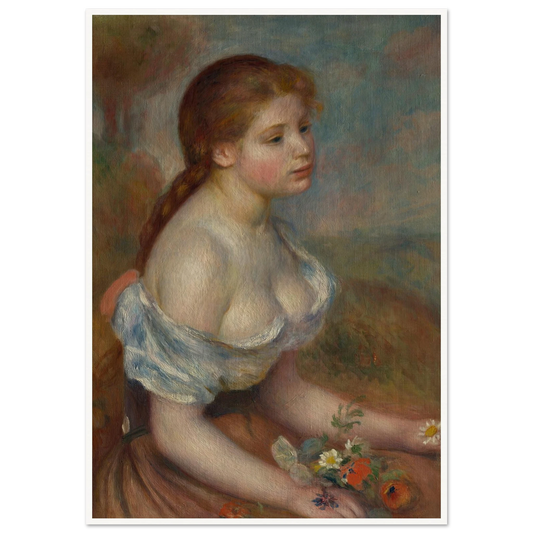 A Young Girl with Daisies (1889) Art Print | Pierre Auguste Renoir - Framed Poster - 30x40 cm / 12x16″ - Black frame