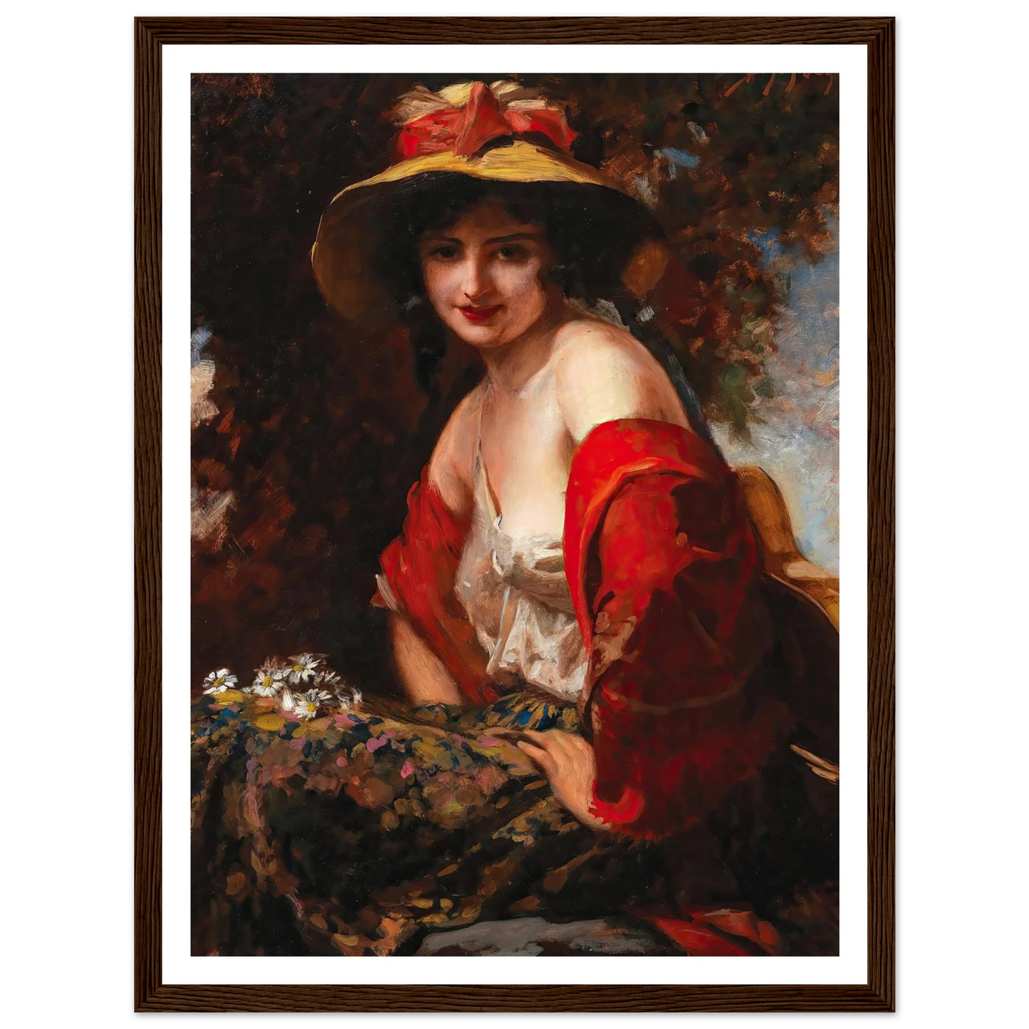 A Young Lady With A Straw Hat Art Print | Leopold Schmutzler - Framed Poster - 30x40 cm / 12x16″ - Black frame