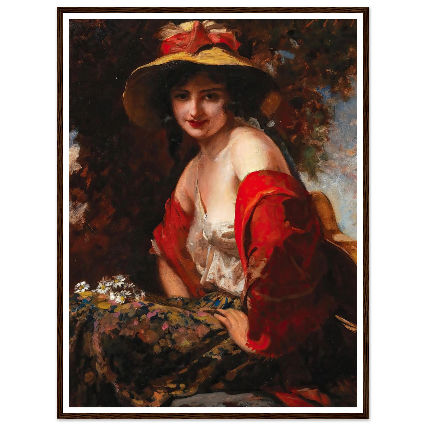 A Young Lady With A Straw Hat Art Print | Leopold Schmutzler - Framed Poster - 30x40 cm / 12x16″ - Black frame