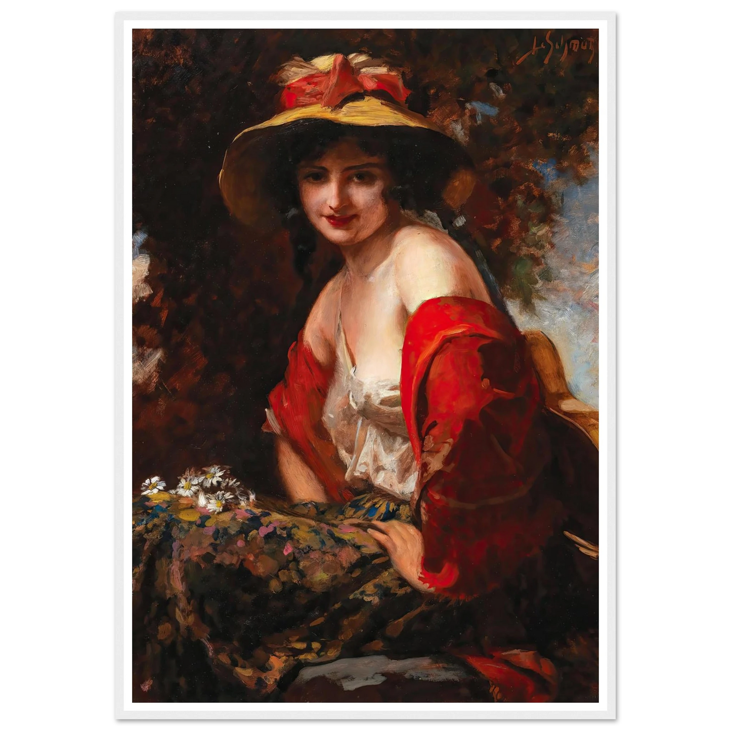 A Young Lady With A Straw Hat Art Print | Leopold Schmutzler - Framed Poster - 30x40 cm / 12x16″ - Black frame