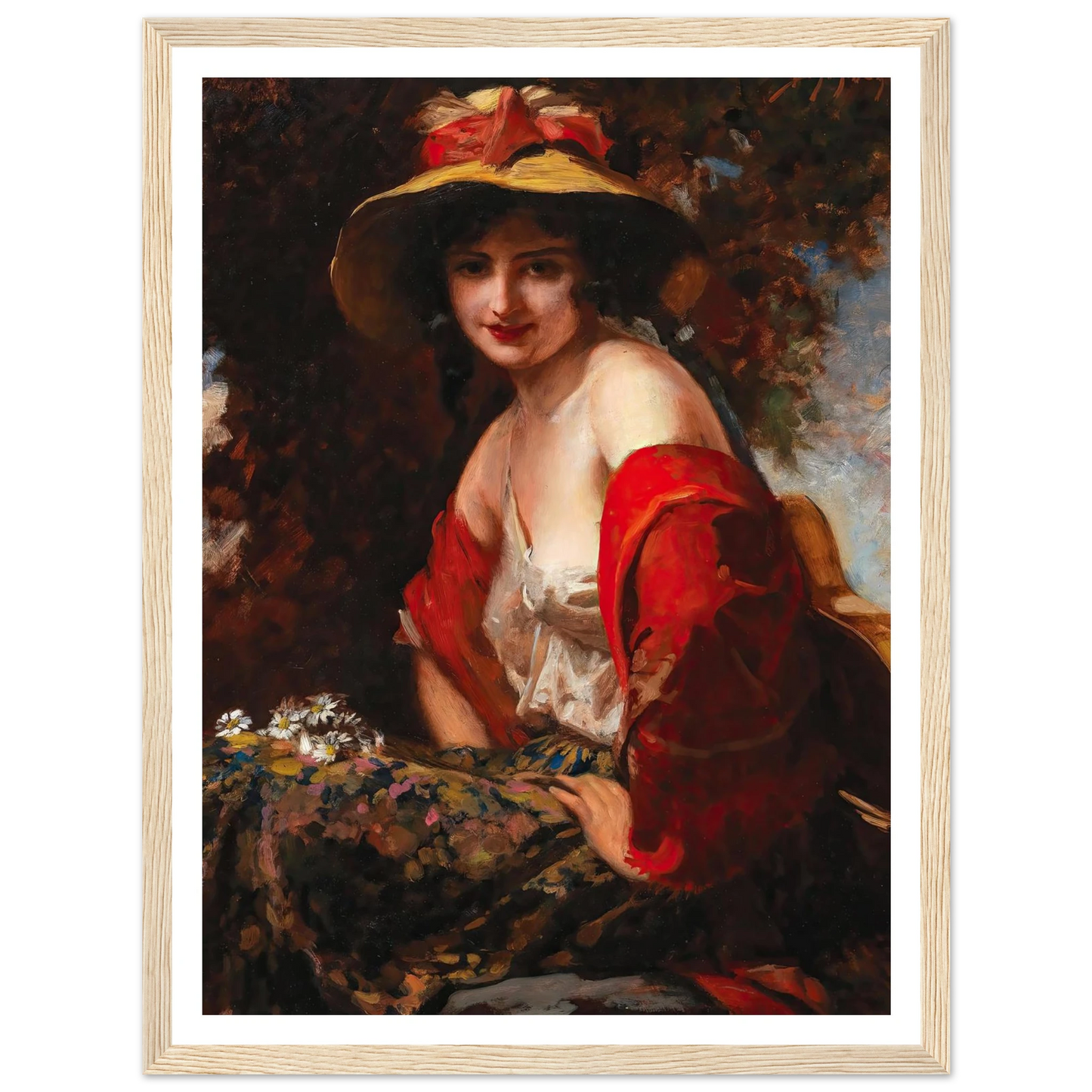 A Young Lady With A Straw Hat Art Print | Leopold Schmutzler - Framed Poster - 30x40 cm / 12x16″ - Black frame
