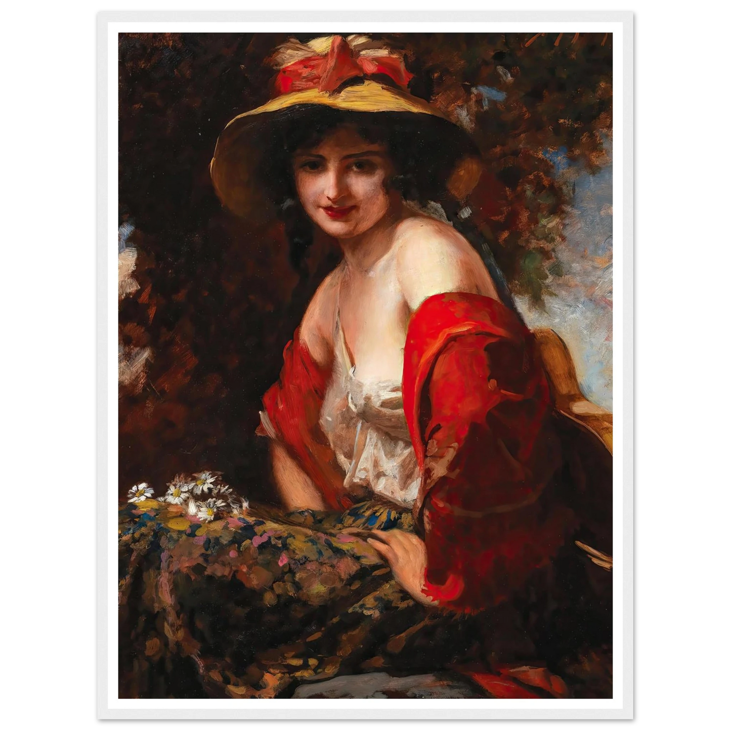 A Young Lady With A Straw Hat Art Print | Leopold Schmutzler - Framed Poster - 30x40 cm / 12x16″ - Black frame