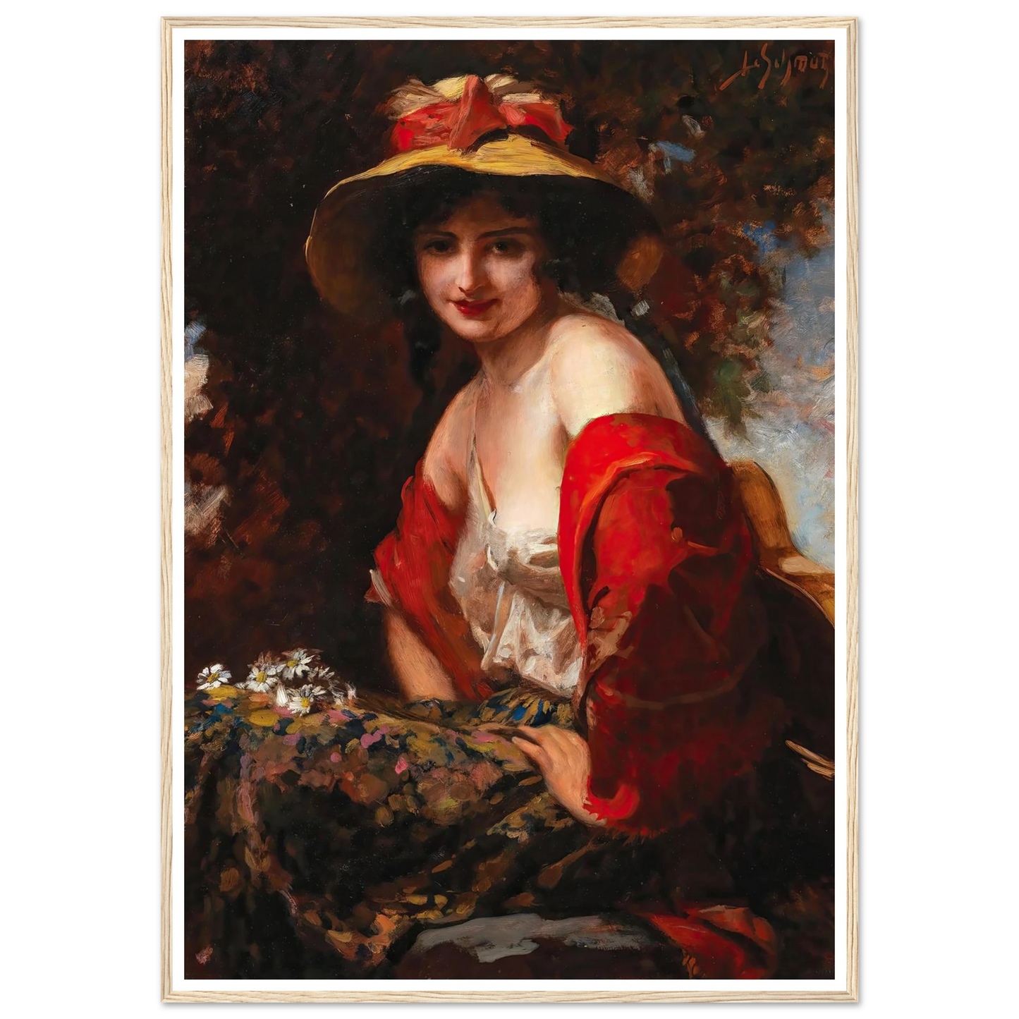 A Young Lady With A Straw Hat Art Print | Leopold Schmutzler - Framed Poster - 30x40 cm / 12x16″ - Black frame