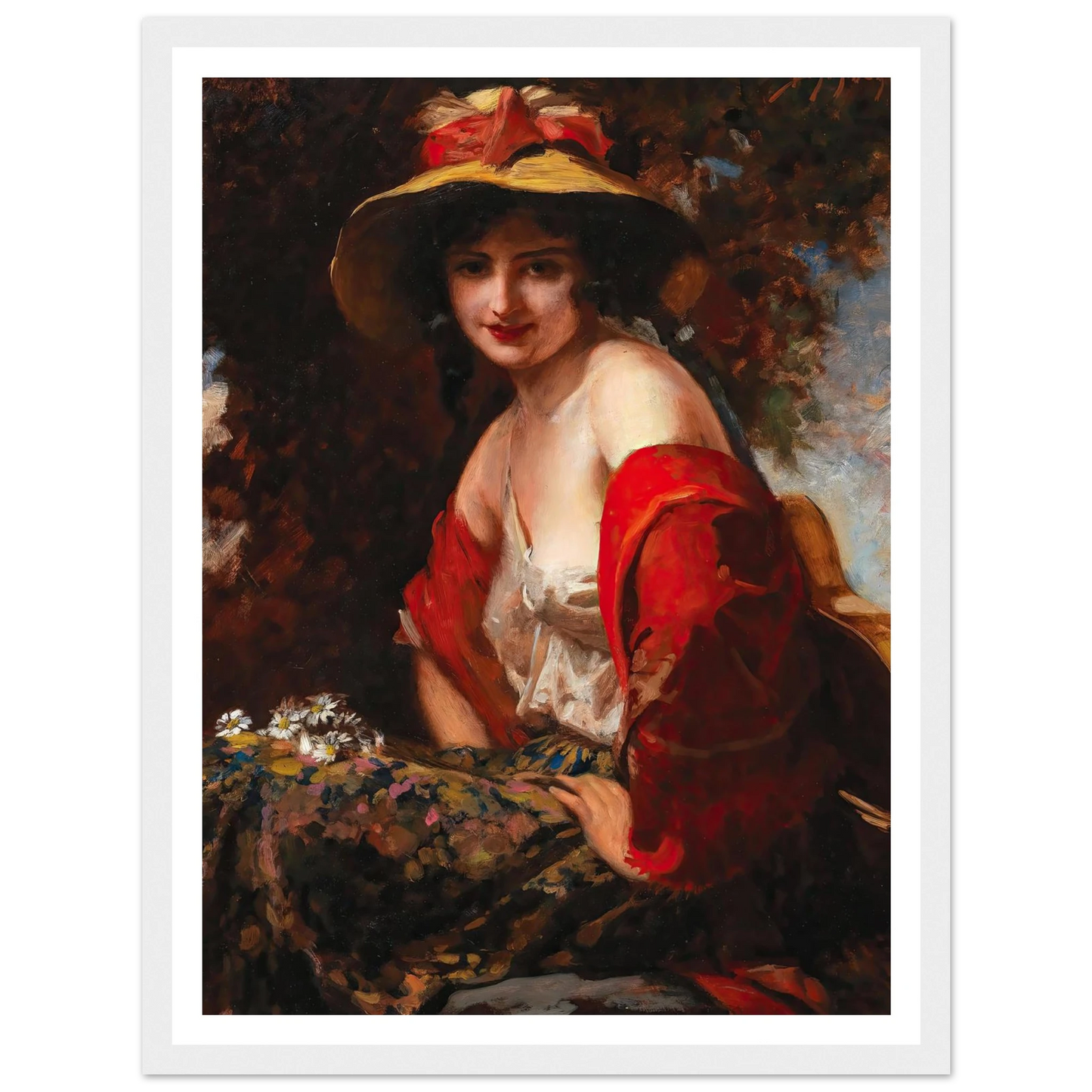 A Young Lady With A Straw Hat Art Print | Leopold Schmutzler - Framed Poster - 30x40 cm / 12x16″ - Black frame