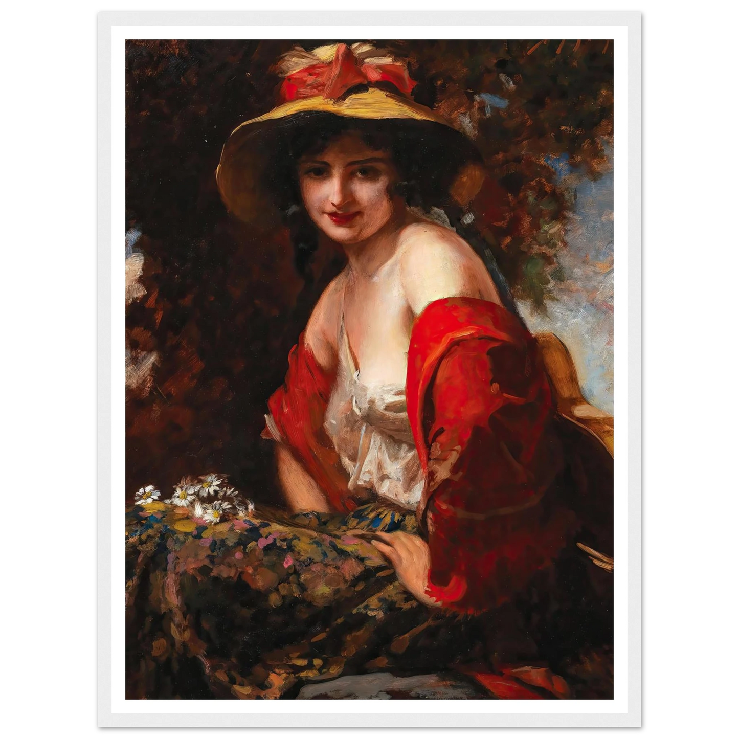 A Young Lady With A Straw Hat Art Print | Leopold Schmutzler - Framed Poster - 30x40 cm / 12x16″ - Black frame