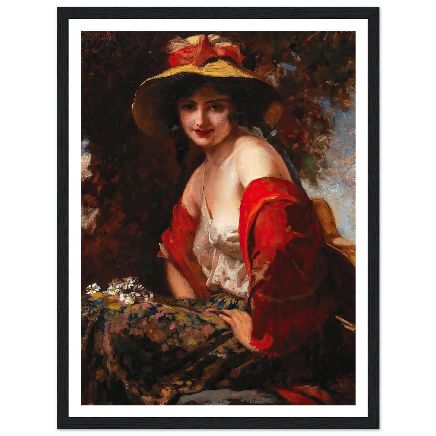 A Young Lady With A Straw Hat Art Print | Leopold Schmutzler - Framed Poster - 30x40 cm / 12x16″ - Black frame
