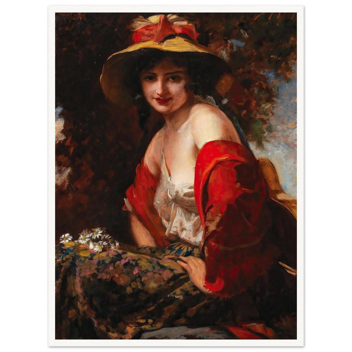 A Young Lady With A Straw Hat Art Print | Leopold Schmutzler - Framed Poster - 30x40 cm / 12x16″ - Black frame