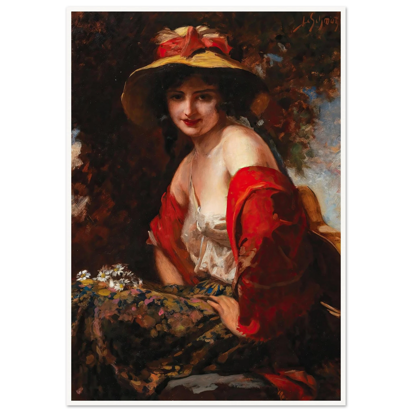 A Young Lady With A Straw Hat Art Print | Leopold Schmutzler - Framed Poster - 30x40 cm / 12x16″ - Black frame