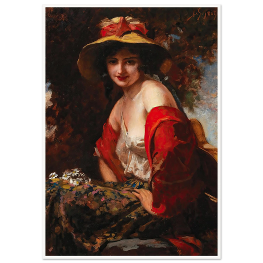 A Young Lady With A Straw Hat Art Print | Leopold Schmutzler - Framed Poster - 30x40 cm / 12x16″ - Black frame