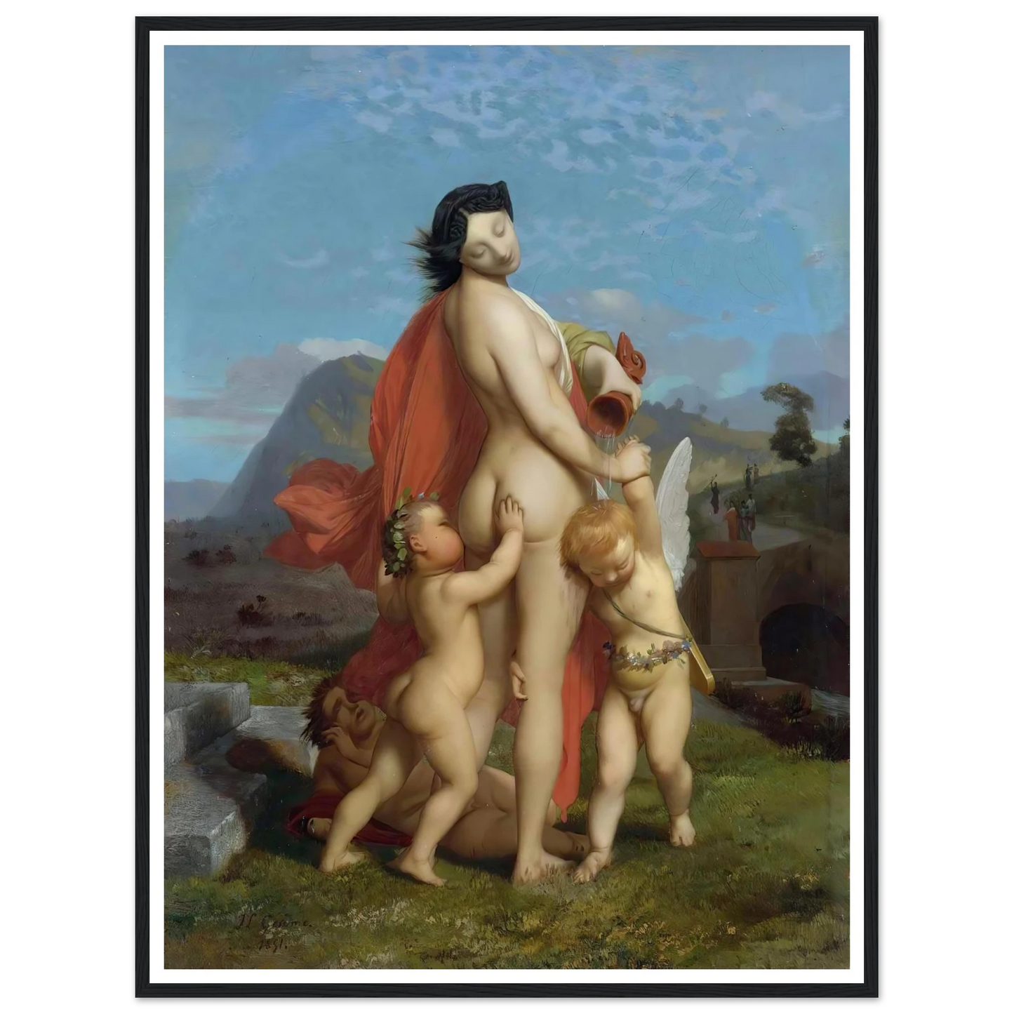 A Young Nymph Teased By Putti (1851) Art Print | Jean Leon Gerome - Framed Poster - 30x40 cm / 12x16″ - Black frame