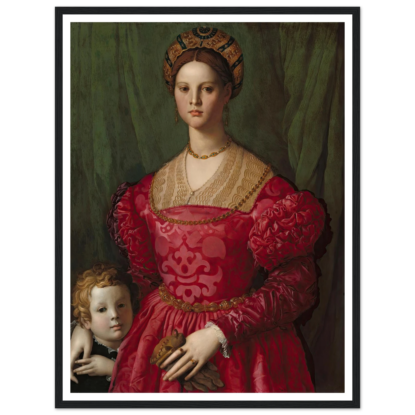 A Young Woman and Her Little Boy (c. 1540) Art Print | Agnolo Bronzino - Framed Poster - 30x40 cm / 12x16″ - Black frame
