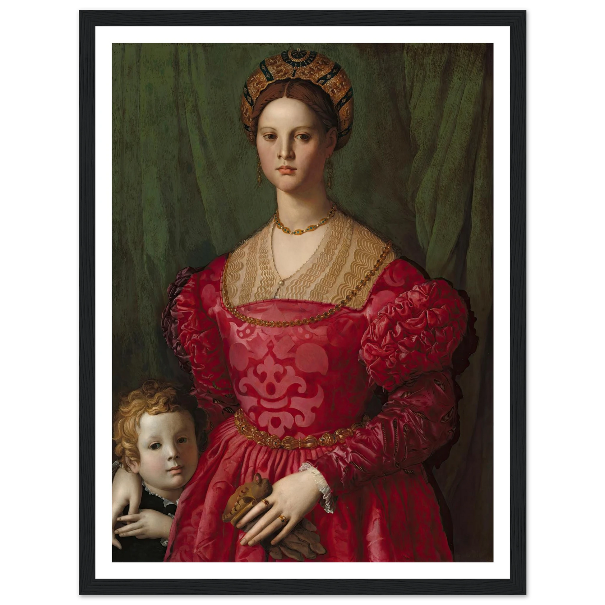 A Young Woman and Her Little Boy (c. 1540) Art Print | Agnolo Bronzino - Framed Poster - 30x40 cm / 12x16″ - Black frame
