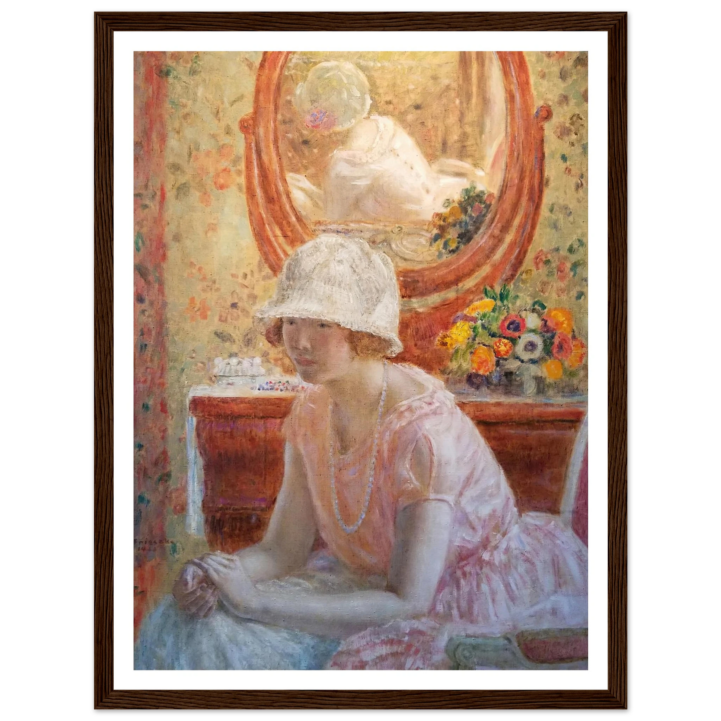 Young Girl Before a Mirror in a Pink Dress (1923) Art Print | Frederick Carl Frieseke-Quipham Collections