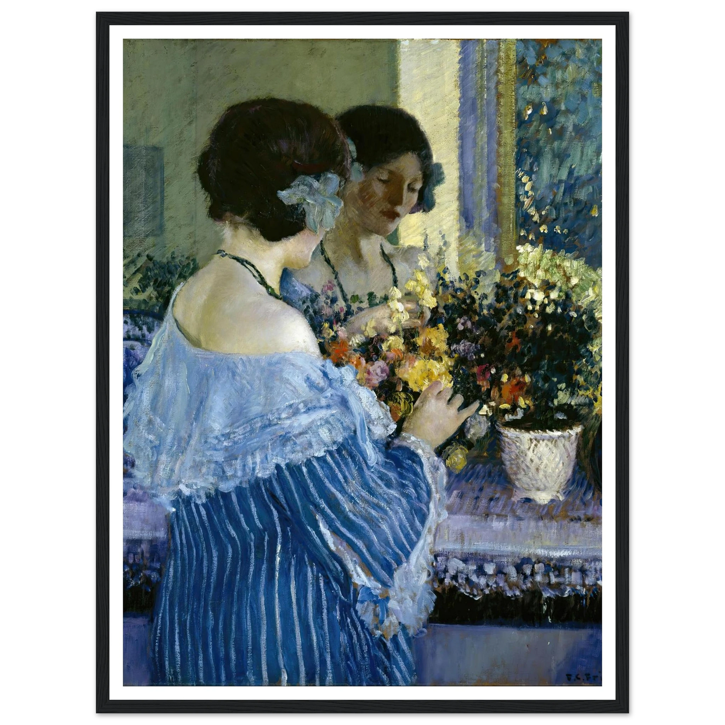 Girl in Blue Arranging Flowers (1915) Art Print | Frederick Carl Frieseke-Quipham Collections