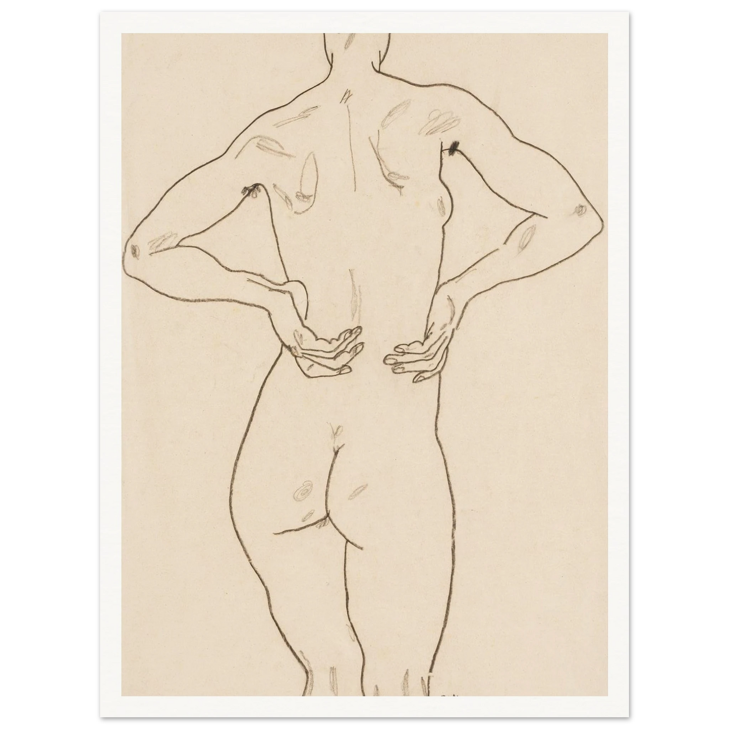 Weiblicher Rückenakt, die Hände auf der Hüfte Art Print | Egon Schiele-Quipham Collections
