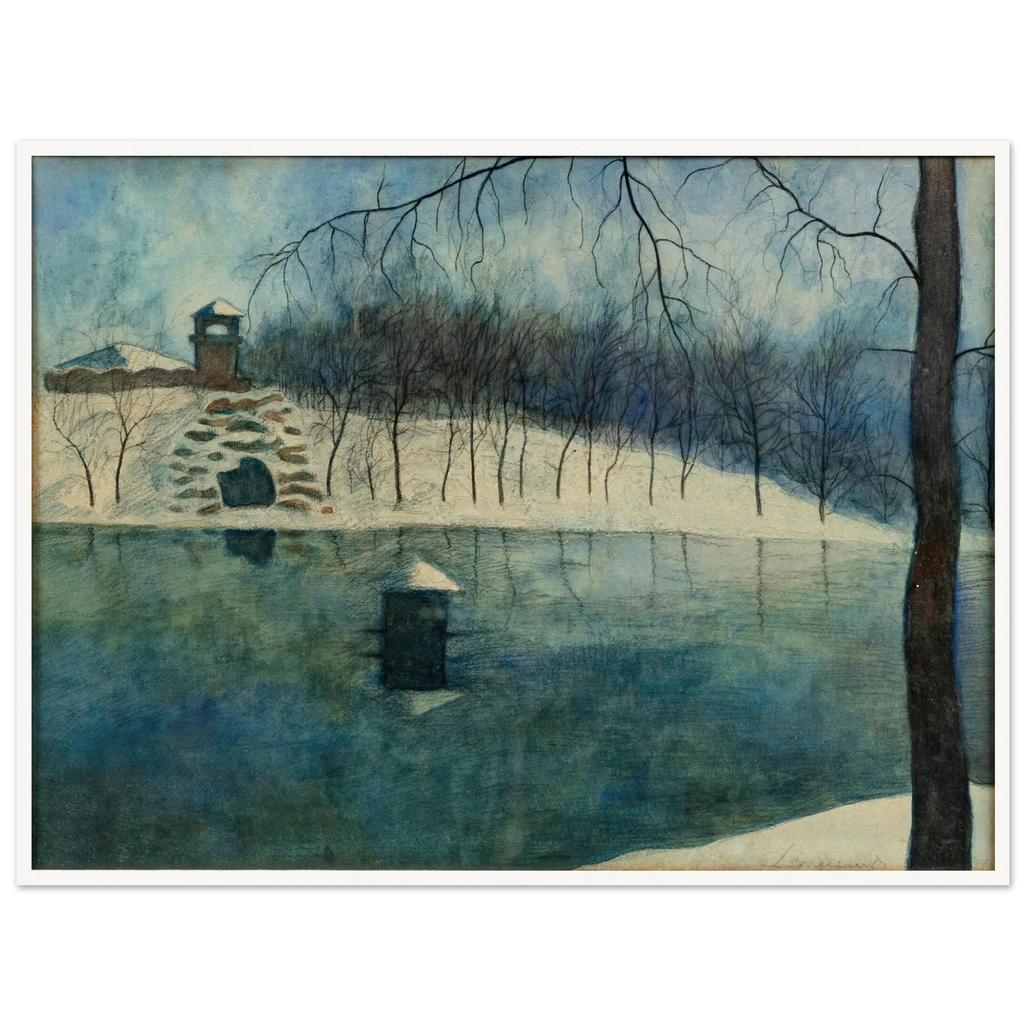 Le parc Léopold d’Ostende avec l’étang et le Trinkhall, sous la neige (1915) Art Print | Leon Spilliaert-Quipham Collections