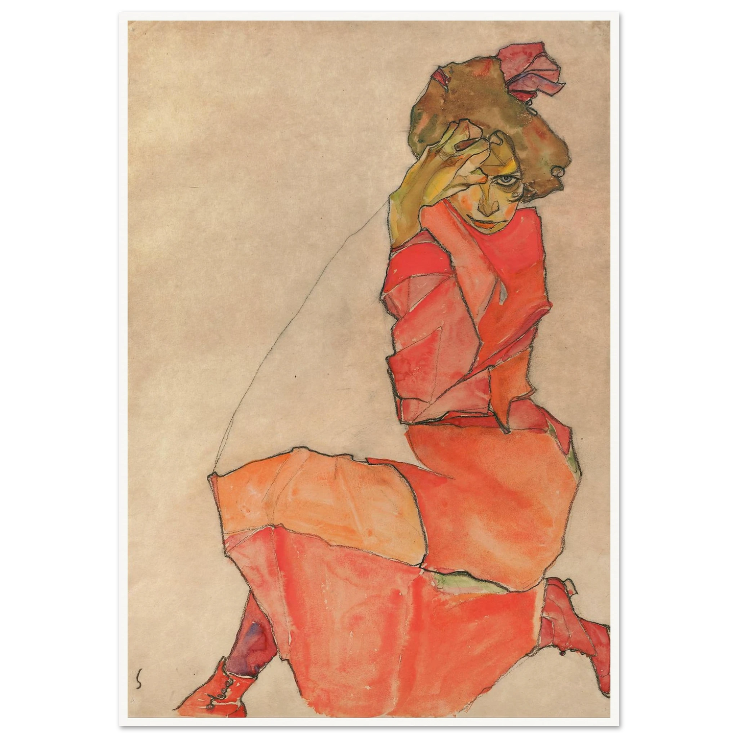 Kneeling Female in Orange-Red Dress (1910) Art Print | Egon Schiele-Quipham Collections