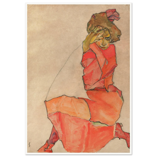 Kneeling Female in Orange-Red Dress (1910) Art Print | Egon Schiele-Quipham Collections