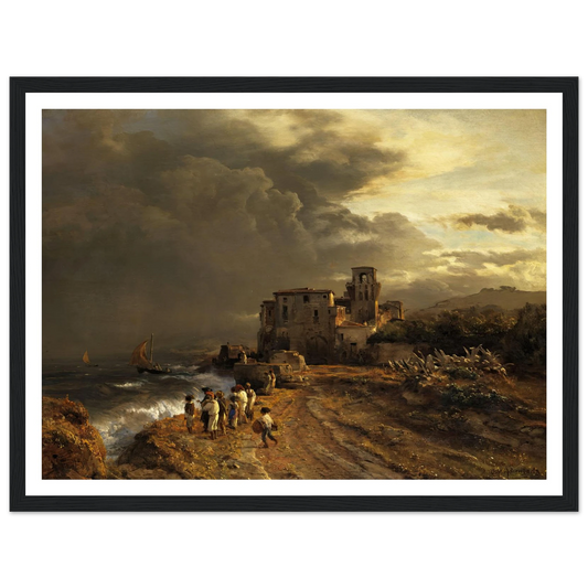 Abziehender Sturm an der italienischen Küste Art Print | Oswald Achenbach - Framed Poster - 30x40 cm / 12x16″ - Black frame