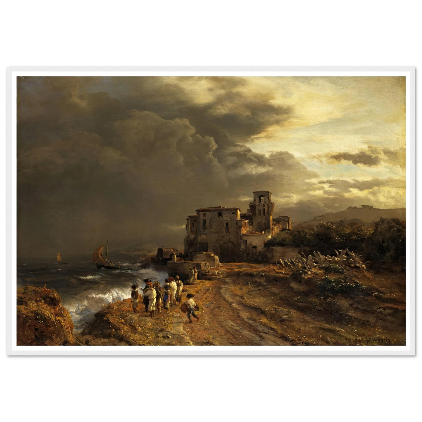Abziehender Sturm an der italienischen Küste Art Print | Oswald Achenbach - Framed Poster - 30x40 cm / 12x16″ - Black frame