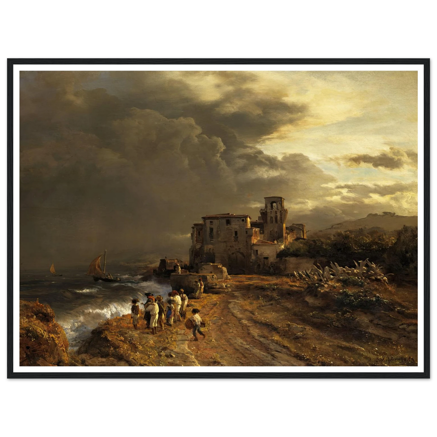 Abziehender Sturm an der italienischen Küste Art Print | Oswald Achenbach - Framed Poster - 30x40 cm / 12x16″ - Black frame