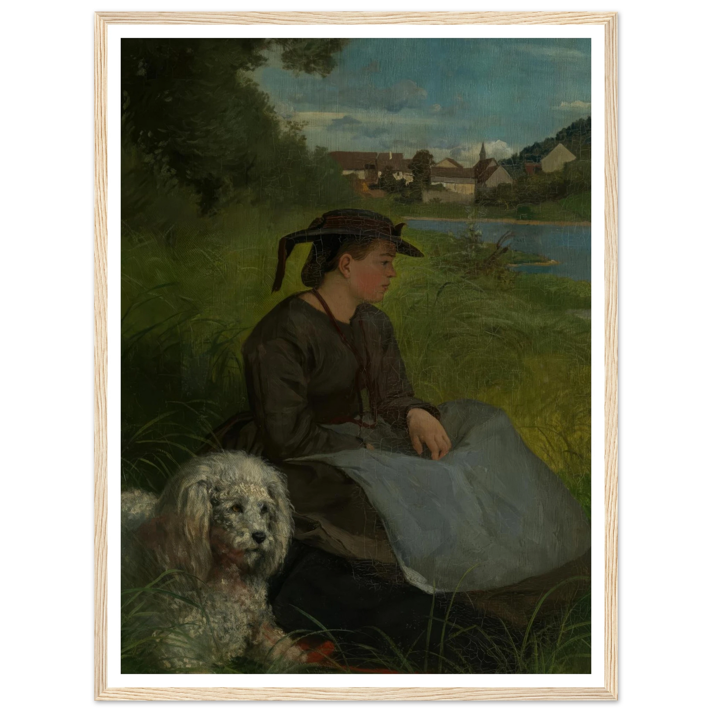 Agathe with white dog (1869) Art Print | Hans Thoma - Framed Poster - 30x40 cm / 12x16″ - Black frame