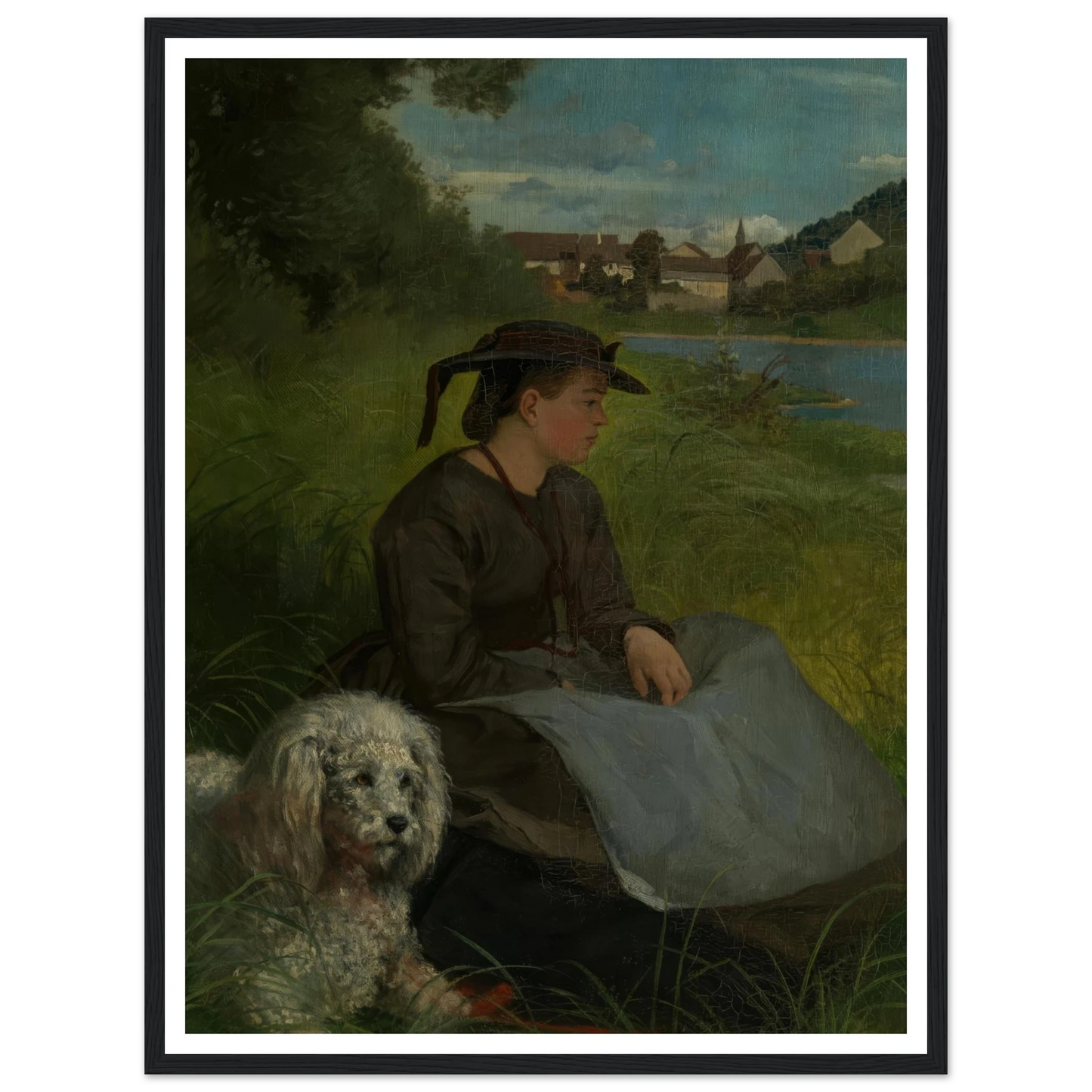 Agathe with white dog (1869) Art Print | Hans Thoma - Framed Poster - 30x40 cm / 12x16″ - Black frame