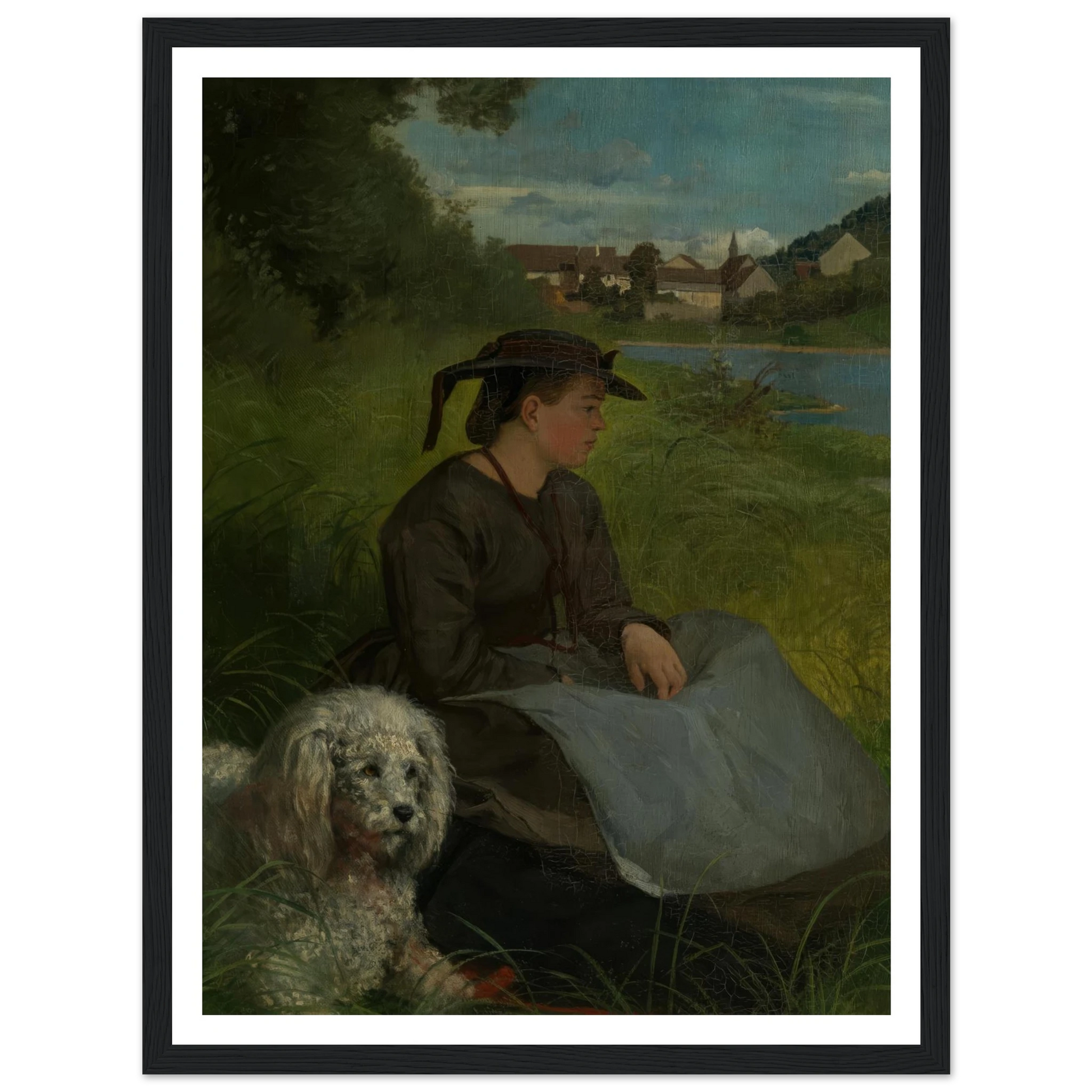Agathe with white dog (1869) Art Print | Hans Thoma - Framed Poster - 30x40 cm / 12x16″ - Black frame